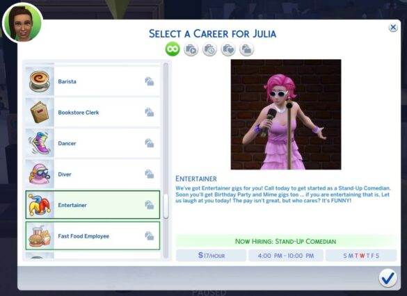 The Sims 4 Entertainer (Part-Time) Career