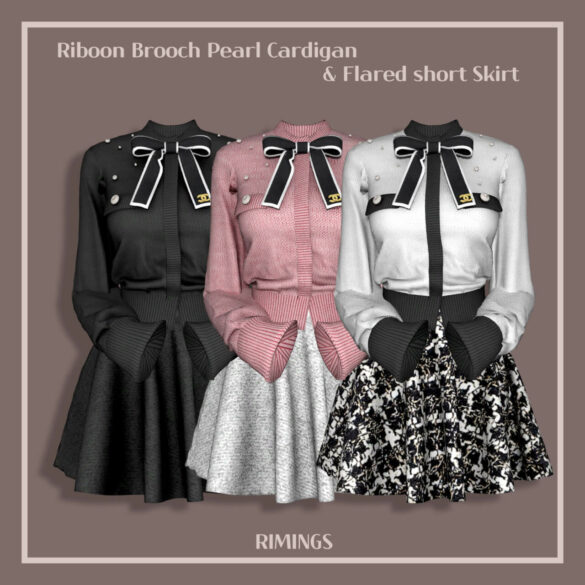 Riboon Brooch Pearl Cardigan & Flared short Skirt