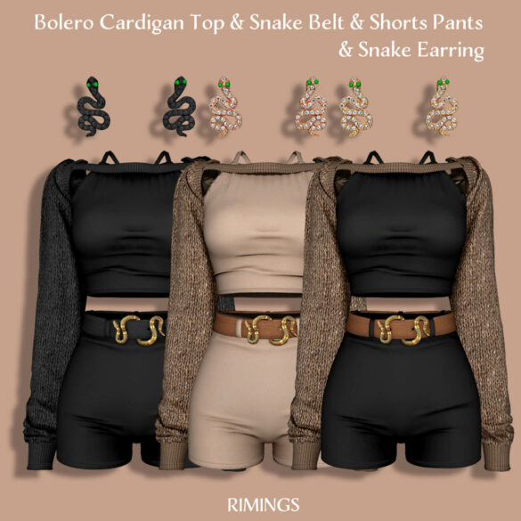 The Sims 4 Bolero Cardigan Top & Snake Belt & Earrings at RIMINGs