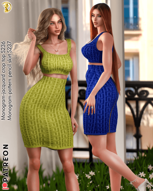 Monogram-jacquard crop top pencil skirt